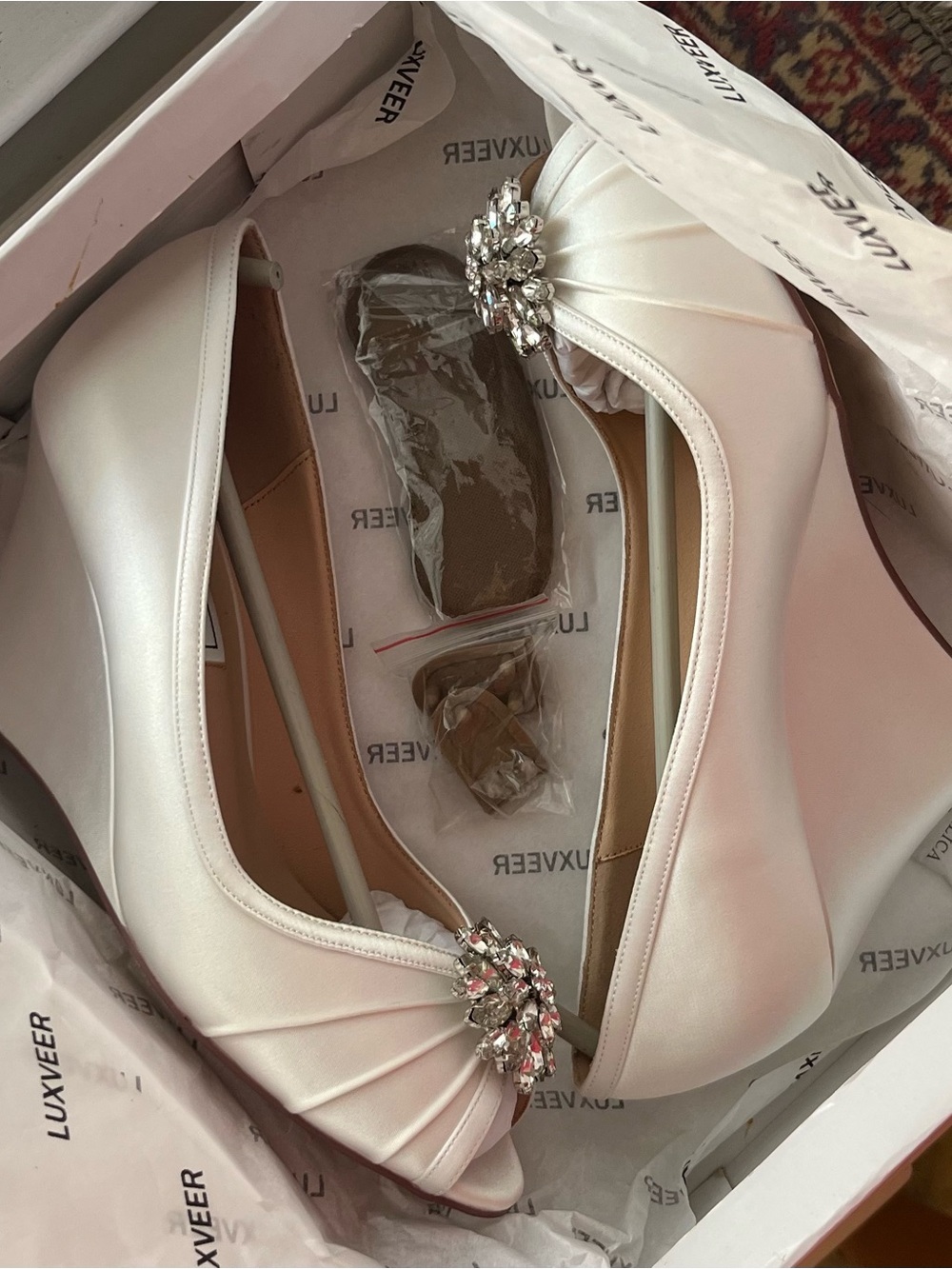 Ivory Satin Peep-Toe Heels with Crystal Brooch